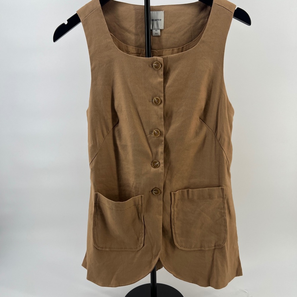 Maeve Anthropologie Brown‎ Linen Blend Button Front Longline Vest Waistcoat XS